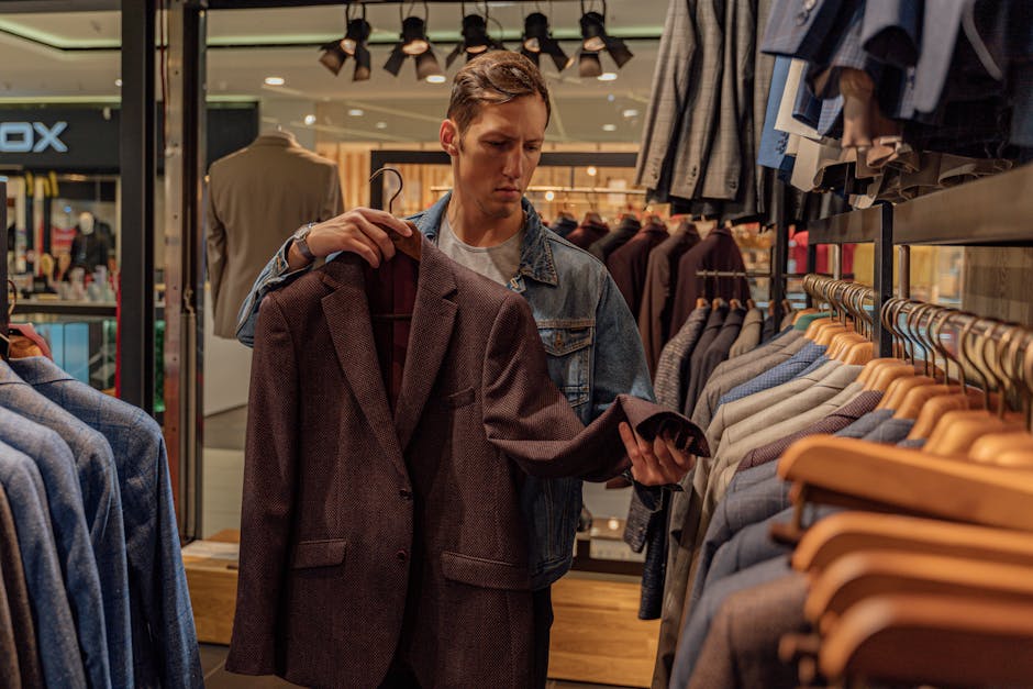 Man browsing stylish blazers in a modern clothing store, considering fashion options.